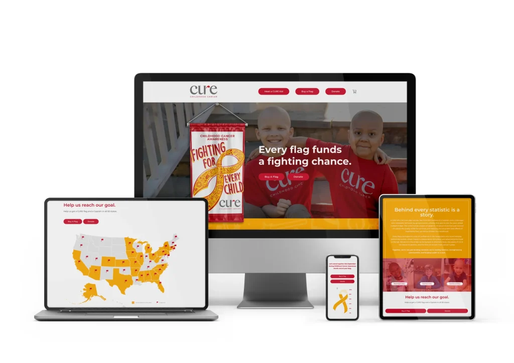 CURE flag campaign website mock ups on various screen sizes