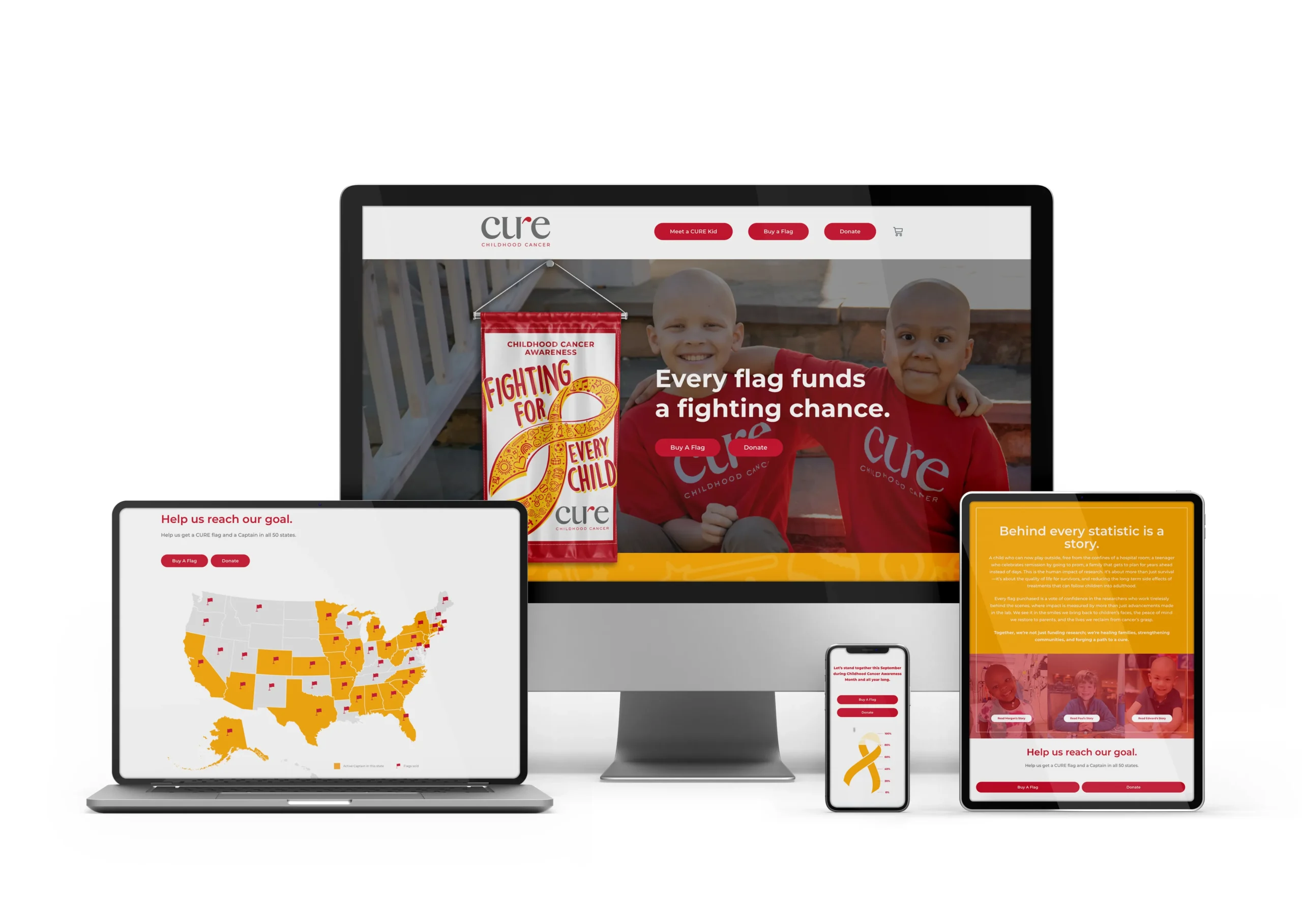 CURE flag campaign website mock ups on various screen sizes