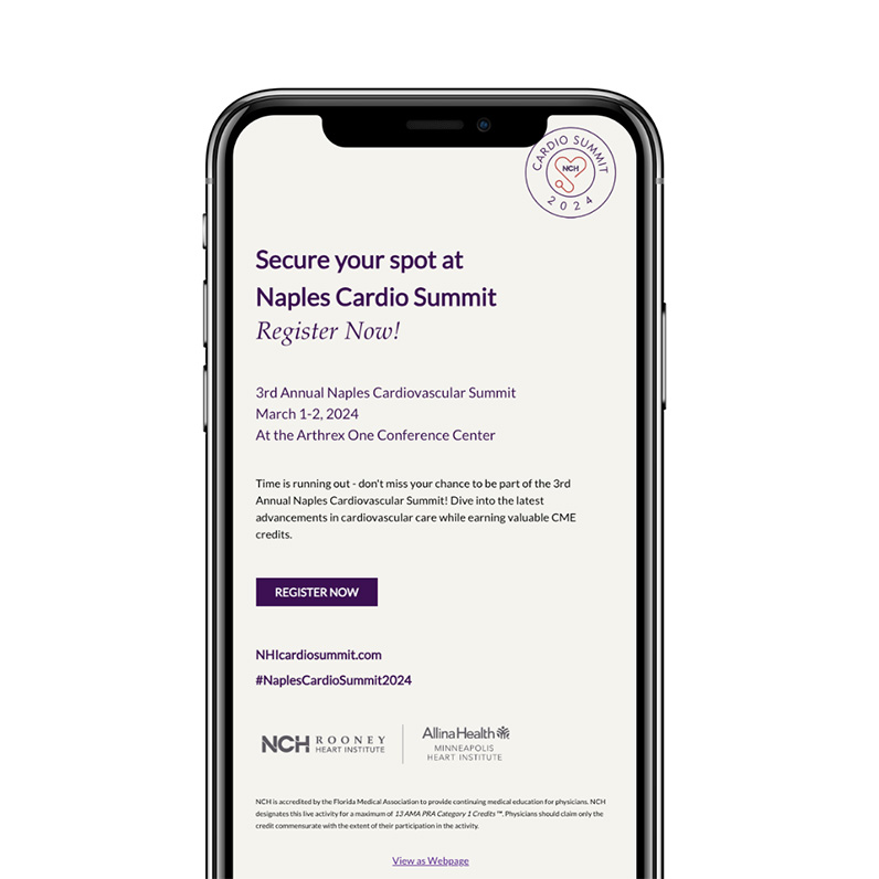 mock up of the nch cardio summit registration email on a mobile phone