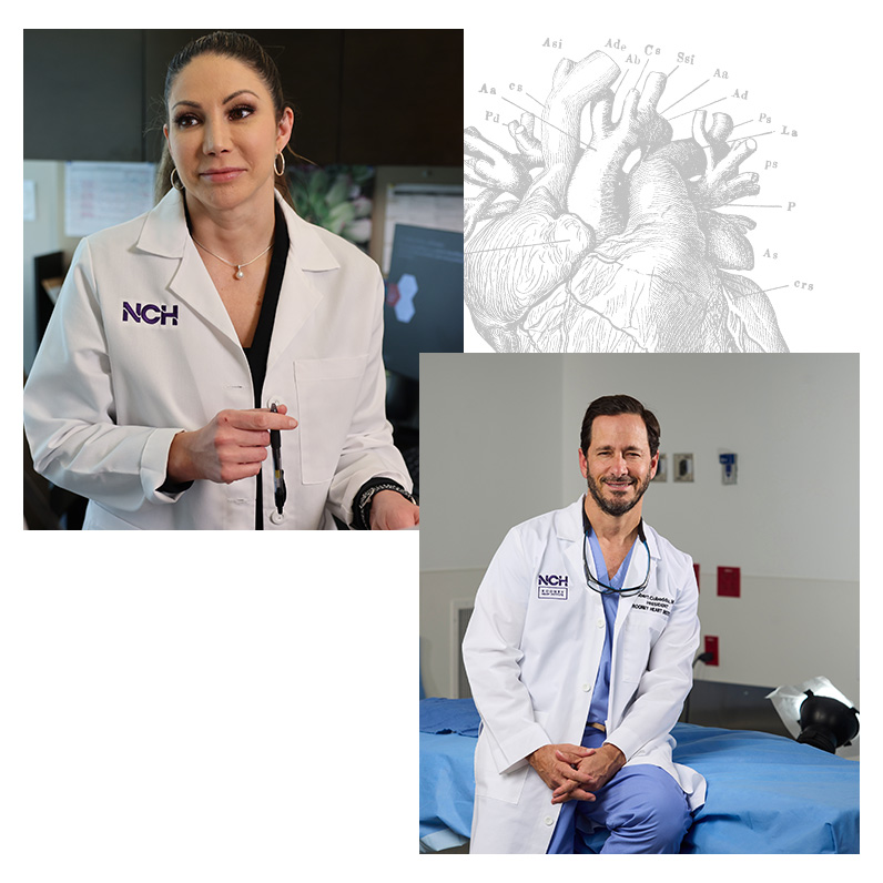 nch cardio summit two images of doctors with a black and white heart illustration