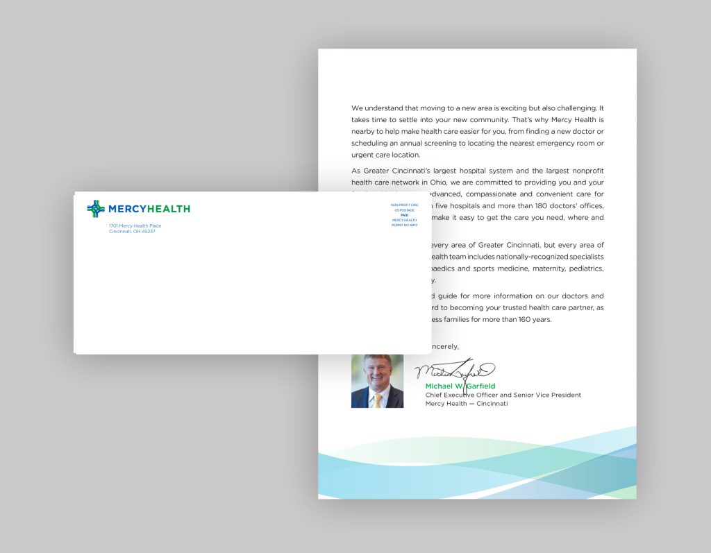 Mercy Health envelope and letterhead mock-up