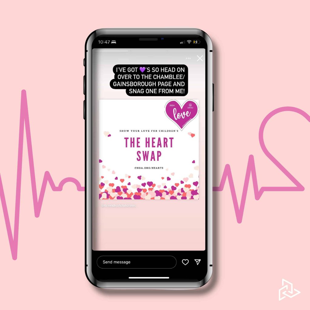CHOA Heart Swap social media post mock up on mobile phone with heart monitor graphic behind