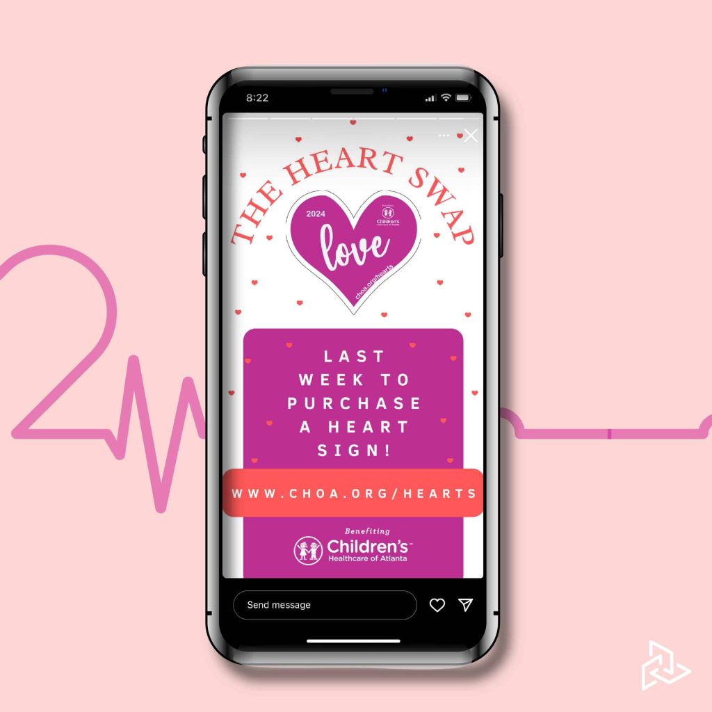 CHOA Heart Swap social media post mock up on mobile phone with heart monitor graphic behind