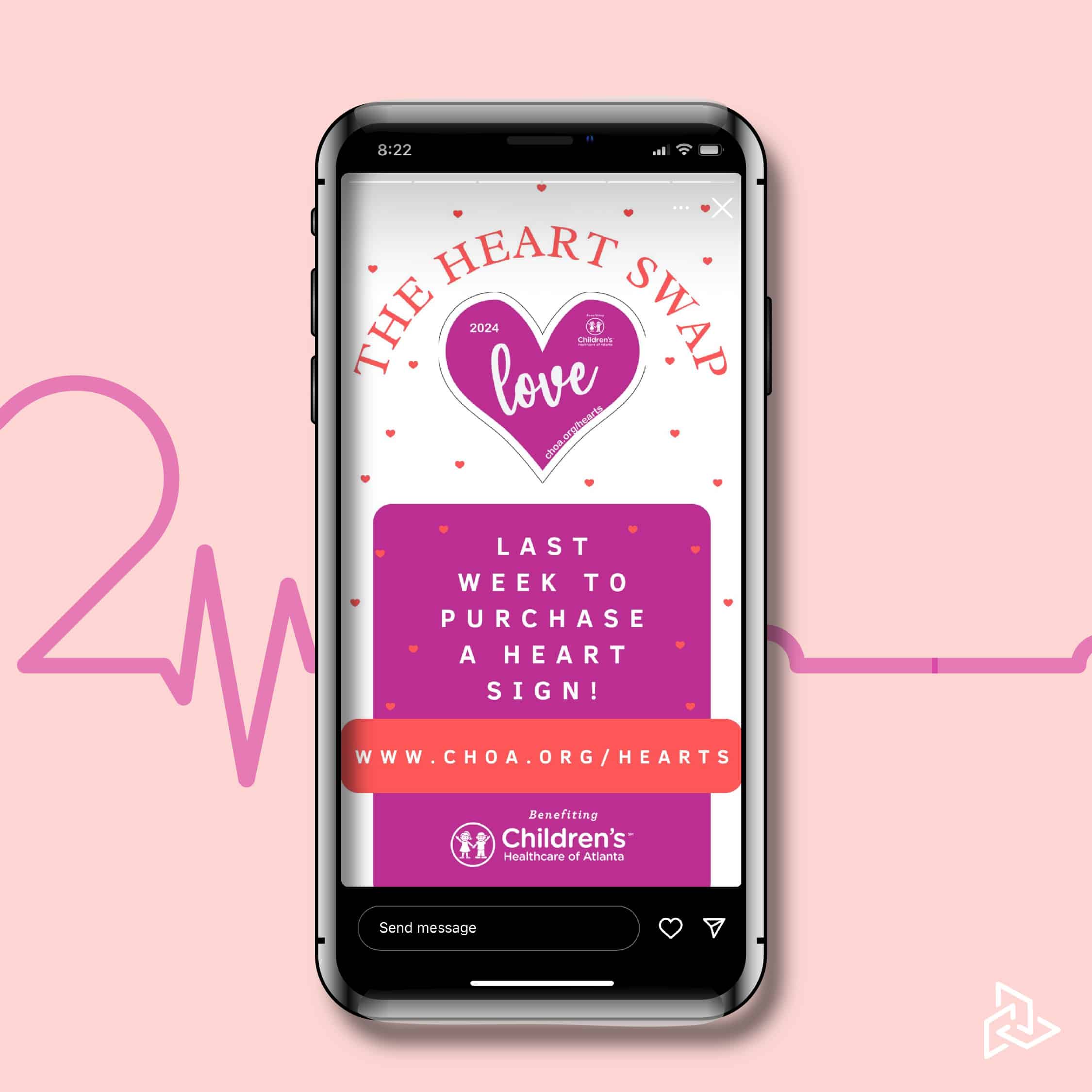 CHOA Heart Swap social media post mock up on mobile phone with heart monitor graphic behind