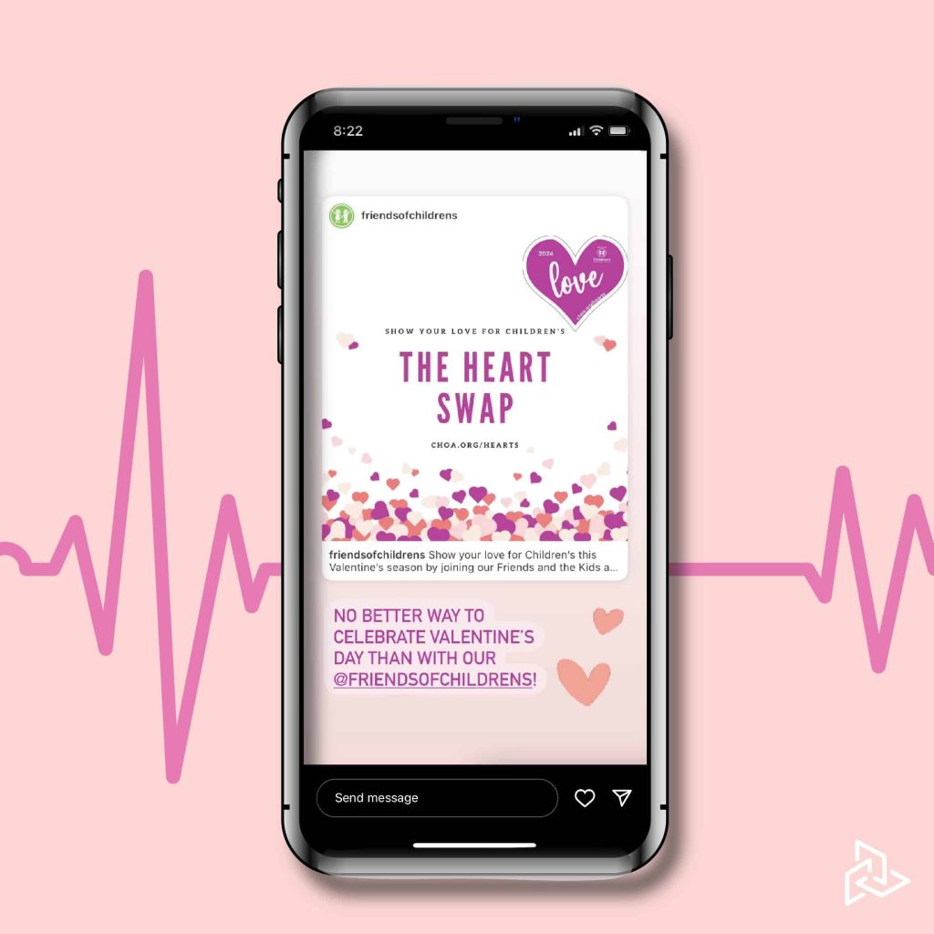 CHOA Heart Swap social media post mock up on mobile phone with heart monitor graphic behind
