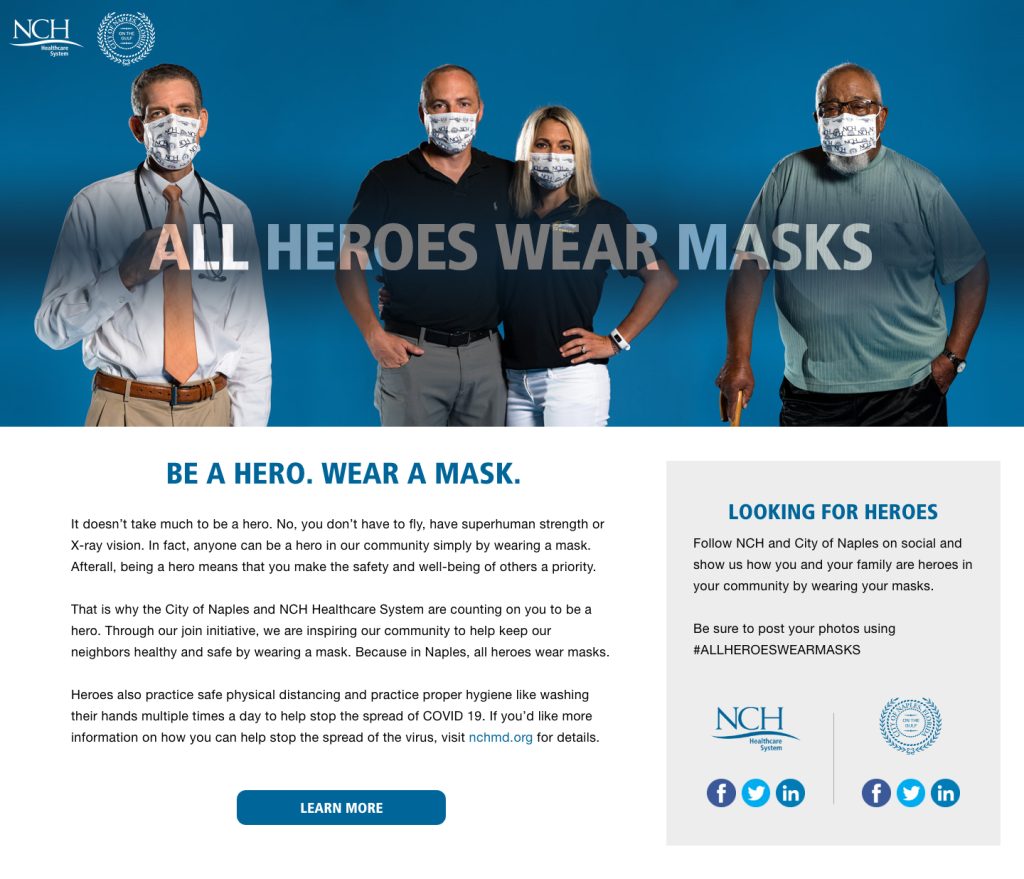 NCH All Heroes Wear Masks landing page screenshot