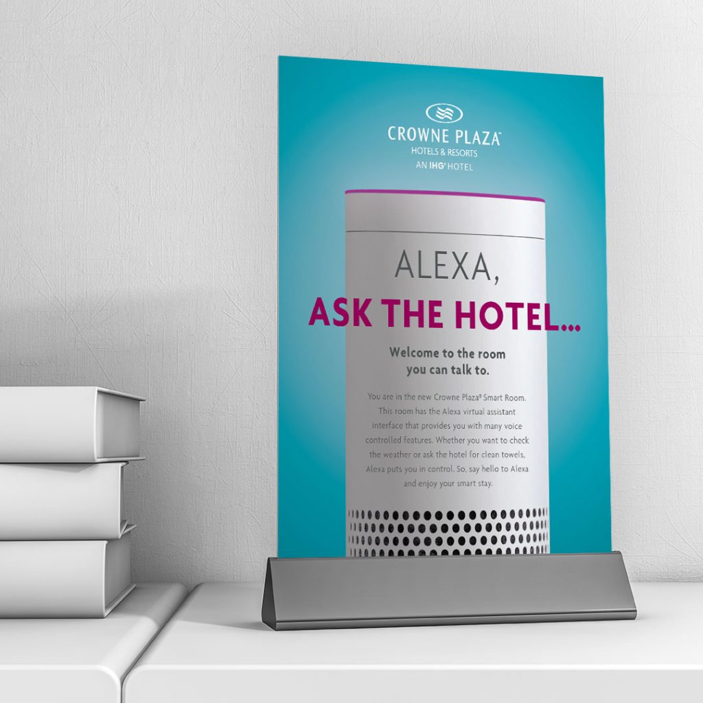 Crowne Plaza Alexa ask the hotel table tent