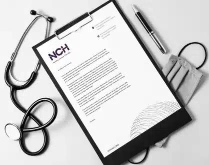 NCH letterhead mock-up on a clipboard with stethoscope mask and pen