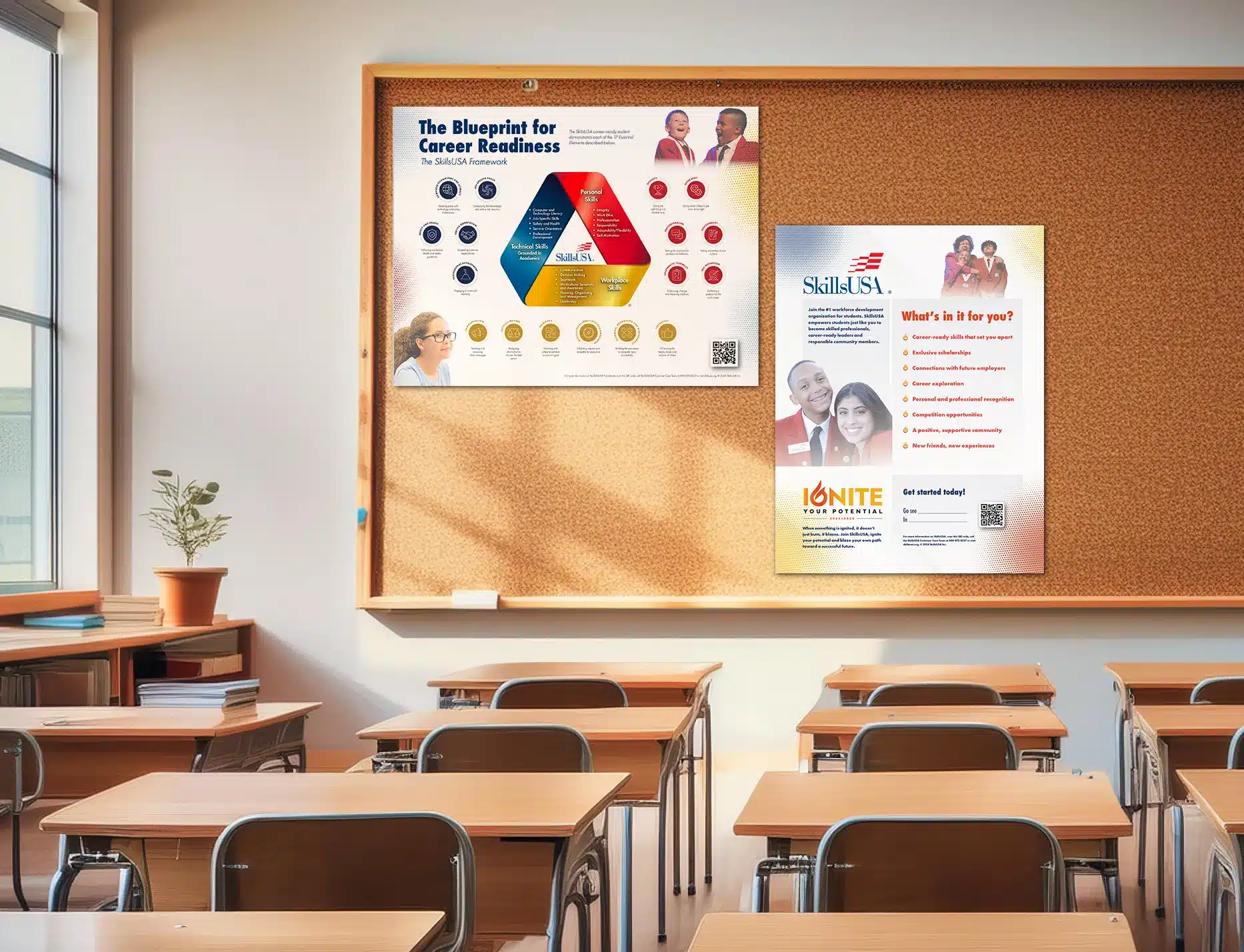 Skills USA poster mock ups on corkboard