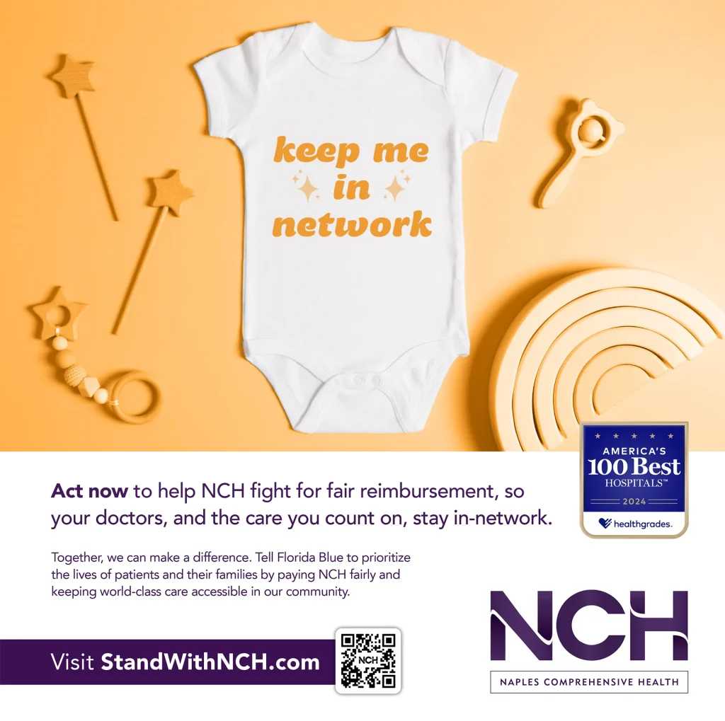 nch stand with nch ad featuring a baby onesie on an orange background