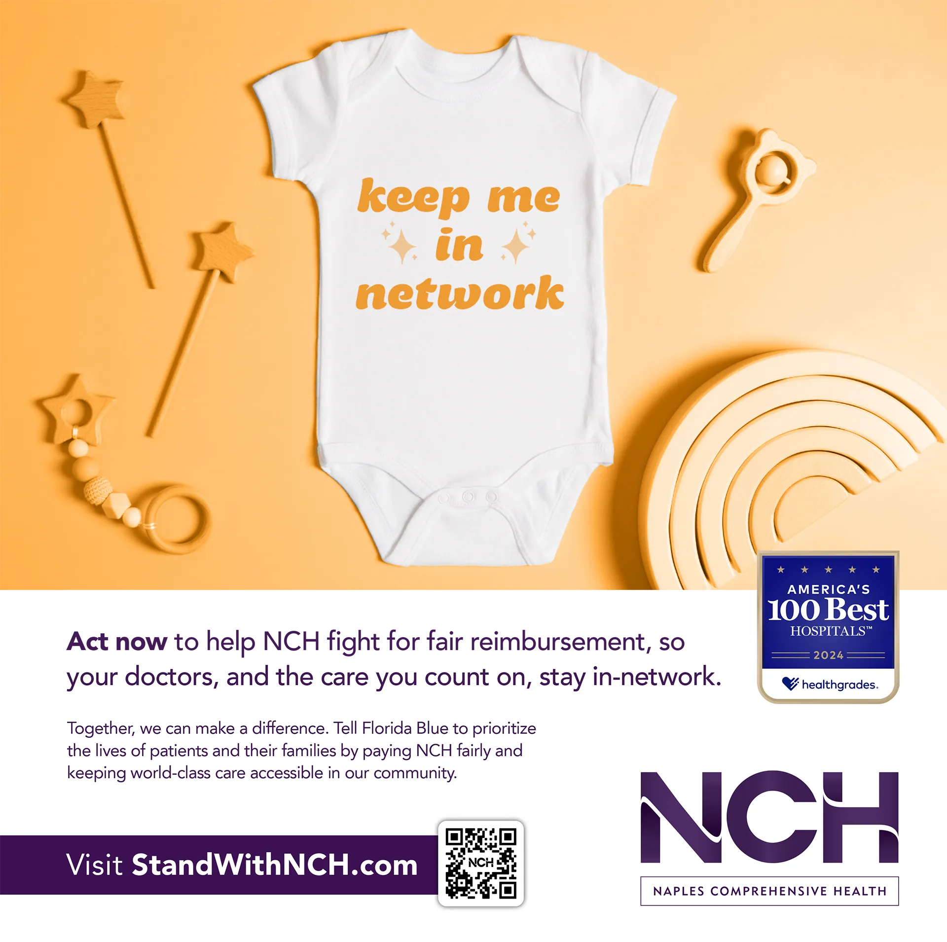nch stand with nch ad featuring a baby onesie on an orange background